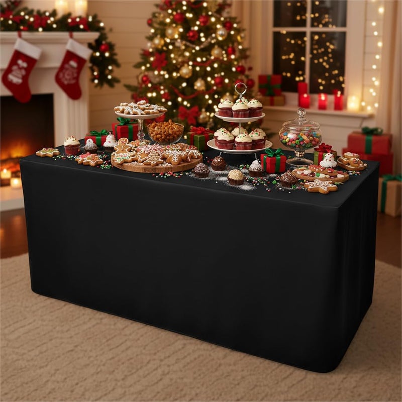 Surmente Black Fitted Tablecloths for 6 Foot Rectangle Tables, Black Table Covers for Weddings, Banquets, or Restaurants - Image 4